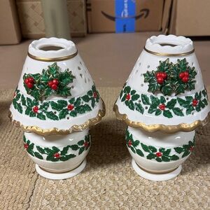 Festive Ceramic Candle Holders with Holly Design